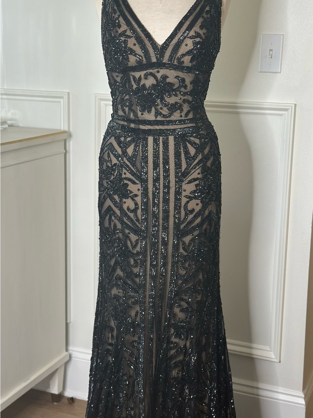 Jovani Couture Elegant Black Beaded V-Neck Evening Dress - Picture 4 of 9
